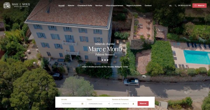 <p>Le Grand Hôtel Mare e Monti est un hôtel de charme 3 étoiles niché au cœur de la Balagne, dans le village pittoresque de Feliceto. Installé dans le Palazzu Renucci, une majestueuse maison de maîtres du XIXe siècle, il invite ses hôtes à un voyage hors du temps. Cette demeure, construite en 1870 et toujours tenue par la famille Renucci, a su conserver toute son âme et son authenticité, tout en offrant le confort et les prestations d’un hôtel haut de gamme.</p>
<p>Le site internet réalisé reflète cette atmosphère unique : élégance, sérénité et art de vivre à la corse. Les visiteurs y découvrent en quelques clics l’histoire de la maison, la beauté de ses jardins suspendus, ses terrasses panoramiques, ainsi que sa piscine chauffée avec bar lounge.</p>
<p>L’hôtel propose 18 chambres et suites, récemment restaurées, qui allient raffinement, confort et vues imprenables sur les montagnes, la vallée ou la piscine. De la chambre double intimiste à la suite lumineuse, chaque espace raconte une histoire et promet une parenthèse enchantée.</p>
<p>Au-delà de son confort, le Mare e Monti offre une immersion dans l’art de vivre corse : petit-déjeuner gourmand composé de produits locaux, dégustation des vins du domaine familial, découverte des villages authentiques alentour et des paysages grandioses entre mer et montagne.</p>
<p>Ce site internet a été pensé pour traduire l’essence même de l’hôtel : un lieu de mémoire et de caractère, où chaque séjour devient une expérience inoubliable.</p>